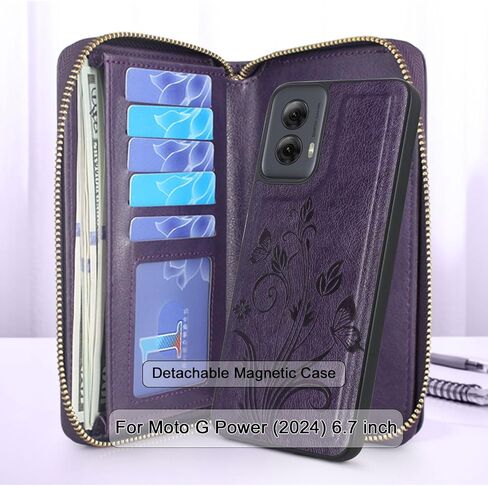 محفظة Lacass لهاتف Motorola Moto G Power 5G 2024، حقيبة كروس بسحاب مزدوج قابل للفصل ومحفظة جلدية مغناطيسية قابلة للفصل وحزام معصم و13 فتحة للبطاقات وجيب للنقود (زهري أرجواني داكن) in Saudi Arabia