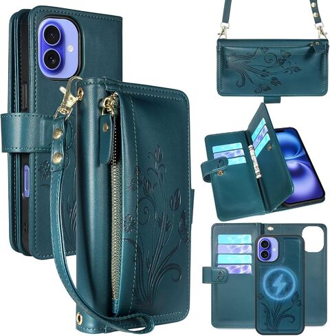 Lacass for iPhone 16 Plus 6.7 inch Detachable Crossbody Wallet Case,Compatible with MagSafe Wireless Charging, [Cards Theft Scan Protection], Magnetic Case Stand PU Leather Zipper(Floral Cyan Green) in Saudi Arabia