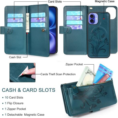 Lacass for iPhone 16 Plus 6.7 inch Detachable Crossbody Wallet Case,Compatible with MagSafe Wireless Charging, [Cards Theft Scan Protection], Magnetic Case Stand PU Leather Zipper(Floral Cyan Green) in Saudi Arabia