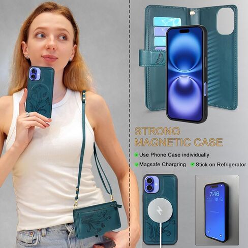 Lacass for iPhone 16 Plus 6.7 inch Detachable Crossbody Wallet Case,Compatible with MagSafe Wireless Charging, [Cards Theft Scan Protection], Magnetic Case Stand PU Leather Zipper(Floral Cyan Green) in Saudi Arabia