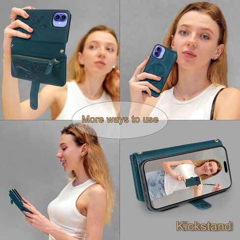Lacass for iPhone 16 Plus 6.7 inch Detachable Crossbody Wallet Case,Compatible with MagSafe Wireless Charging, [Cards Theft Scan Protection], Magnetic Case Stand PU Leather Zipper(Floral Cyan Green) in Saudi Arabia