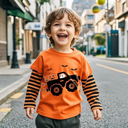 Halloween Shirts for Toddler Boys and Girls Striped Long Sleeve Patchwork T-Shirt in Saudi Arabia