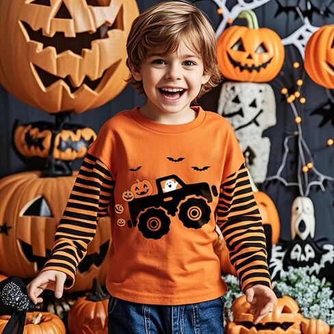 Halloween Shirts for Toddler Boys and Girls Striped Long Sleeve Patchwork T-Shirt in Saudi Arabia