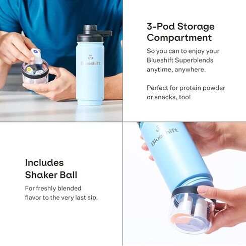 Blueshift Sidekick 18 oz Stainless Steel Water Bottle, Protein Shaker Bottle with Blend Ball, powder storage, includes 6 Superblend Supplements inside Bottle (Onyx) in Saudi Arabia