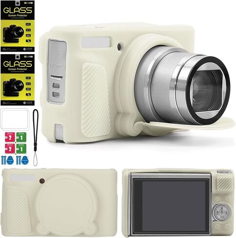 Case for Canon PowerShot SX740 HS Camera,2 Tempered Glass Screen Protectors,1 CameraWrist Strap, Soft Silicone Protective caseskin,Detachable Lens Cap,Slim Fit for SX740 HS SX730-Off White in Saudi Arabia