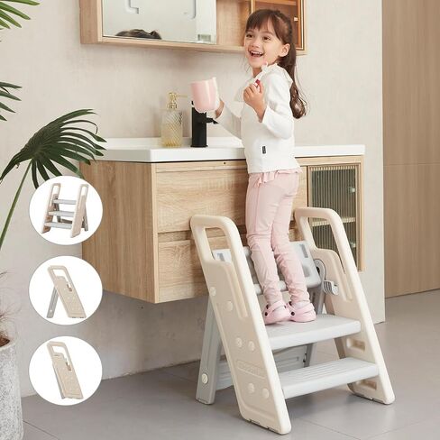 Folding Toddler Step Stool for Bathroom Sink,Adjustable 3 to 2 Step Stools for Toilet Potty Training,Sturdy Kids Step Stool for Kitchen Counter with Handle,Dark Grey in Saudi Arabia