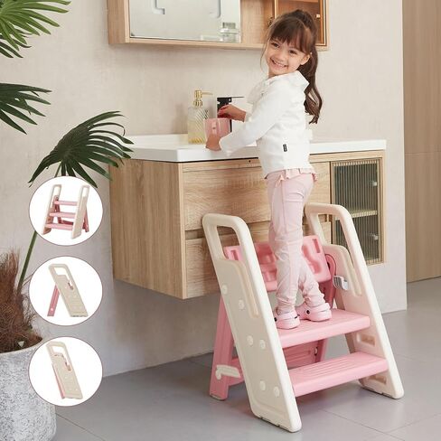 Folding Toddler Step Stool for Bathroom Sink,Adjustable 3 to 2 Step Stools for Toilet Potty Training,Sturdy Kids Step Stool for Kitchen Counter with Handle,Dark Grey in Saudi Arabia