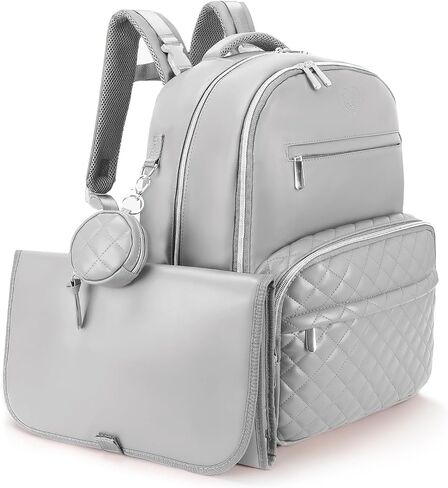3 in 1 Luxe Leather Diaper Bag Backpack - Ultimate Baby Bag with 21 Pockets, Charging Port, Changing Pad, Pacifier Case, Stroller Straps - Stylish, Waterproof, Unisex (31L Grey) in Saudi Arabia