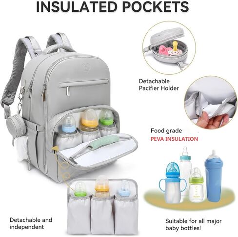 3 in 1 Luxe Leather Diaper Bag Backpack - Ultimate Baby Bag with 21 Pockets, Charging Port, Changing Pad, Pacifier Case, Stroller Straps - Stylish, Waterproof, Unisex (31L Grey) in Saudi Arabia