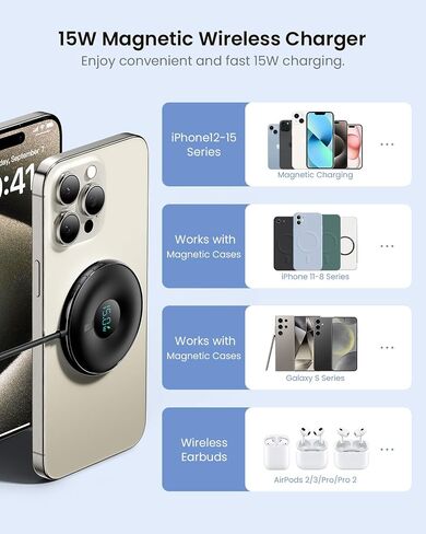 15W Magnetic Wireless Charger with LED Power Display, Magnetic Charger, for iPhone 15/14/13/12 Series, Samsung, Airpods 2/3/pro/pro 2(Adapter Not Included) (Black) in Saudi Arabia