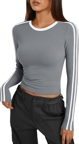 Trendy Queen Women's Long Sleeve Y2K Fitted Shirts Color Block 2024 Trendy Crop Tops Workout Cute Outfits in Saudi Arabia