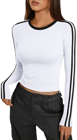Trendy Queen Women's Long Sleeve Y2K Fitted Shirts Color Block 2024 Trendy Crop Tops Workout Cute Outfits in Saudi Arabia