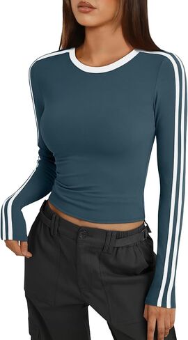 Trendy Queen Women's Long Sleeve Y2K Fitted Shirts Color Block 2024 Trendy Crop Tops Workout Cute Outfits in Saudi Arabia
