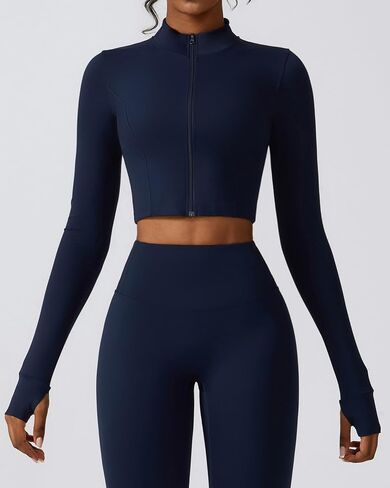 Yknktstc Womens Full Zip Athletic Jacket with Thumbhole Long Sleeve Crop Top Running Workout Yoga Sportswear Shirt in Kuwait