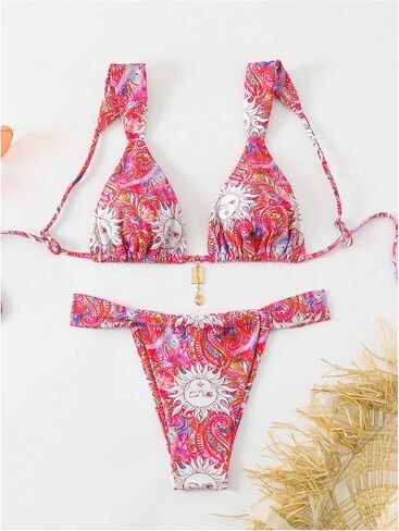 SHENHE Women's Two Piece Swimsuits Triangle V Neck Ruched Brazilian Bikini Set Boho Swimwear in Saudi Arabia