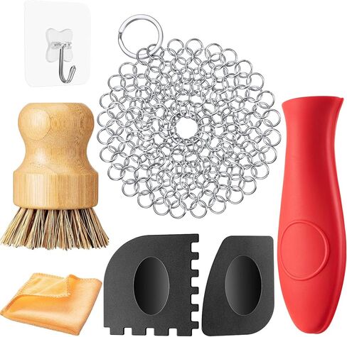 Patelai 7 Pieces Cast Iron Cleaner Set Include Stainless Steel Chainmail Scrubber with Bamboo Dish Scrub Brush Hot Handle Holder 2 Pan Grill Scrapers Kitchen Towel Wall Hook (Classic Color) in Saudi Arabia