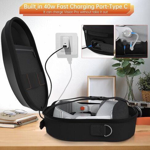 حقيبة حمل صلبة من HiBloks مع منفذ شحن مغناطيسي لجهاز Apple Vision Pro، حقيبة تخزين ذات سعة كبيرة لسماعات Apple Vision Pro والبطارية/المحول/الكابلات، حقيبة سفر محمولة in Kuwait