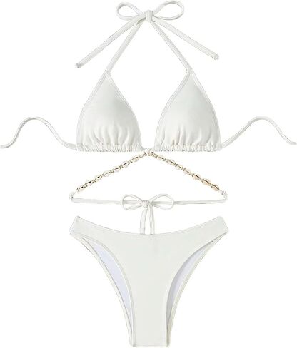 Women's Shell Decor Bathing Suit Chain Tie Back Halter Triangle Swimsuit Bikini Set in Saudi Arabia