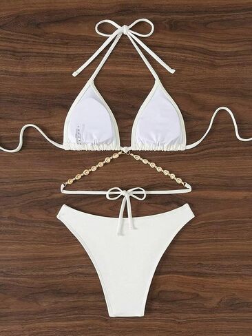 Women's Shell Decor Bathing Suit Chain Tie Back Halter Triangle Swimsuit Bikini Set in Saudi Arabia