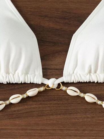 Women's Shell Decor Bathing Suit Chain Tie Back Halter Triangle Swimsuit Bikini Set in Saudi Arabia