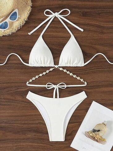 Women's Shell Decor Bathing Suit Chain Tie Back Halter Triangle Swimsuit Bikini Set in Saudi Arabia