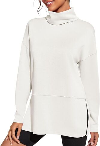Fisoew Women's Turtleneck Oversized Sweatshirt Casual Long Sleeve Loose Side Slit Pullovers Tunic Tops in Saudi Arabia