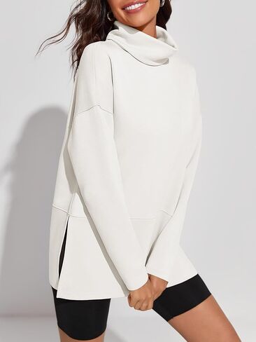 Fisoew Women's Turtleneck Oversized Sweatshirt Casual Long Sleeve Loose Side Slit Pullovers Tunic Tops in Saudi Arabia