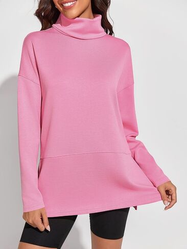 Fisoew Women's Turtleneck Oversized Sweatshirt Casual Long Sleeve Loose Side Slit Pullovers Tunic Tops in Saudi Arabia