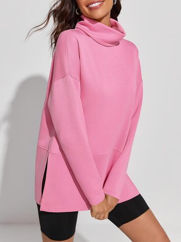 Fisoew Women's Turtleneck Oversized Sweatshirt Casual Long Sleeve Loose Side Slit Pullovers Tunic Tops in Saudi Arabia