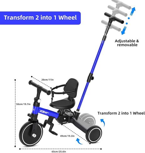XJD Toddler Bike, 6 in 1 Toddler Tricycle for 1-4 Year Old with Push Handle, Balance Bike with Removable Pedal,Backrest, Adjustable Seat Height and Handle, First Birthday Gifts (White) in Saudi Arabia