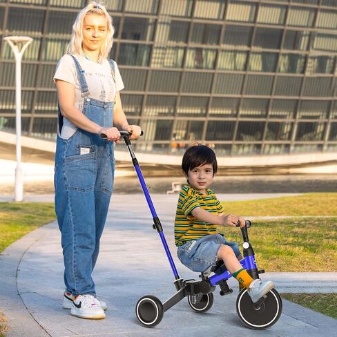 XJD Toddler Bike, 6 in 1 Folding Toddler Tricycle for 1-4 Year Old with Parental Control Handle, Balance Bike with Removable Pedal, Backrest, Adjustable Seat Height, First Birthday Gifts in Kuwait