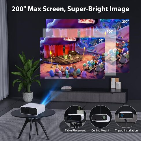 جهاز عرض صغير مع واي فاي وبلوتوث، جهاز عرض 1080 بكسل مطور 2024، جهاز عرض أفلام 18000 لتر، 200 بوصة ماكس بيلد متوافق مع Android/iOS/الكمبيوتر المحمول/جهاز التلفاز/X-Box/HDMI/USB (أبيض) in Kuwait