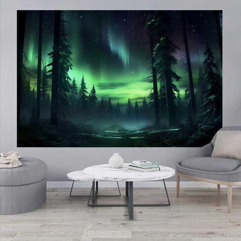 Northern Lights Forest Tapestry 80x60 Inches Aurora Borealis Misty Pine Trees Trippy Tapestry Aesthetic Wall Art Meditation Decor for Bedroom Living Room Dorm GTDJIE0005 in Kuwait