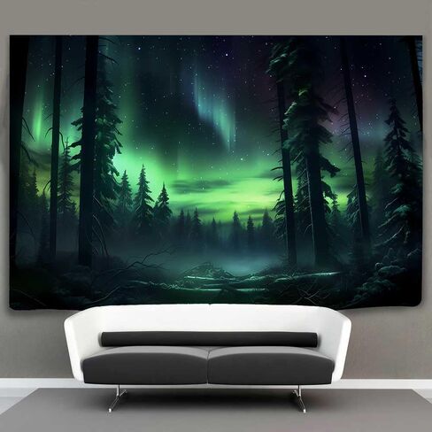 Northern Lights Forest Tapestry 80x60 Inches Aurora Borealis Misty Pine Trees Trippy Tapestry Aesthetic Wall Art Meditation Decor for Bedroom Living Room Dorm GTDJIE0005 in Kuwait