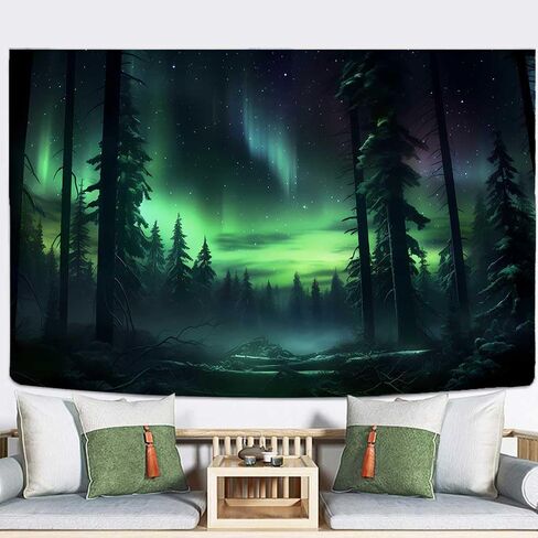 Northern Lights Forest Tapestry 80x60 Inches Aurora Borealis Misty Pine Trees Trippy Tapestry Aesthetic Wall Art Meditation Decor for Bedroom Living Room Dorm GTDJIE0005 in Kuwait