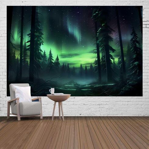 Northern Lights Forest Tapestry 80x60 Inches Aurora Borealis Misty Pine Trees Trippy Tapestry Aesthetic Wall Art Meditation Decor for Bedroom Living Room Dorm GTDJIE0005 in Kuwait