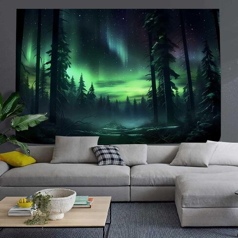 Northern Lights Forest Tapestry 80x60 Inches Aurora Borealis Misty Pine Trees Trippy Tapestry Aesthetic Wall Art Meditation Decor for Bedroom Living Room Dorm GTDJIE0005 in Kuwait