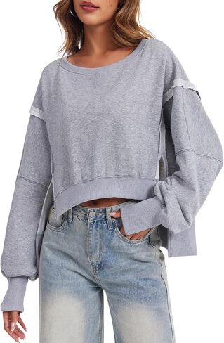 Sweatshirt for Women Fall Outfits Crewneck Long Sleeve Pullover Crop Tops Oversized Side Slit Winter Clothes 2024 in Saudi Arabia