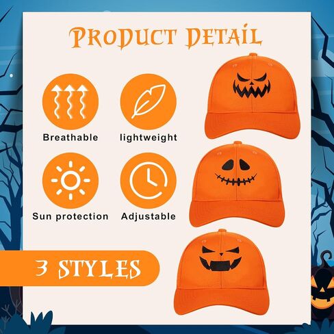 3 Pieces Halloween Pumpkin Baseball Caps Unisex Adjustable Embroidery Pumpkin Face Dad Hat Cotton Cute Trucker Cap in Kuwait