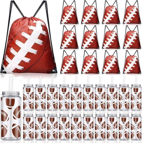 40 Pcs Soccer Party Favors 20 Pack Soccer Cups with Lid and Straw 14.2 oz Reusable Tumbler Clear Plastic Drinking Cups with 20 Pack Drawstring Bag for Birthday School Sport Decorations in Saudi Arabia