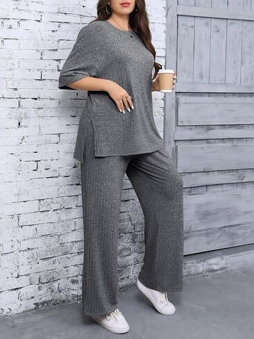 أطقم صالة نسائية من Beautife مقاس كبير، قمصان بأكمام قصيرة وسراويل بأرجل واسعة، بدلة رياضية مكونة من قطعتين للسفر في المطار in Kuwait