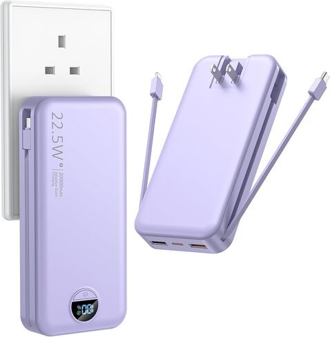 Portable Charger with Wall Plug, 12000mAh USB C Power Bank Fast Charging, External Battery Pack with Built in Cables, Digital Display, 5 Output 4 Input for iPhone Android Cell Phone Tablet in Kuwait