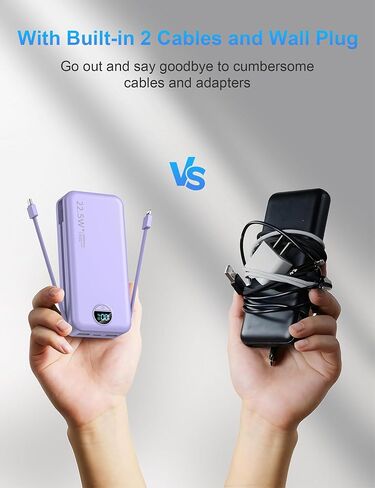 Portable Charger with Wall Plug, 12000mAh USB C Power Bank Fast Charging, External Battery Pack with Built in Cables, Digital Display, 5 Output 4 Input for iPhone Android Cell Phone Tablet in Kuwait