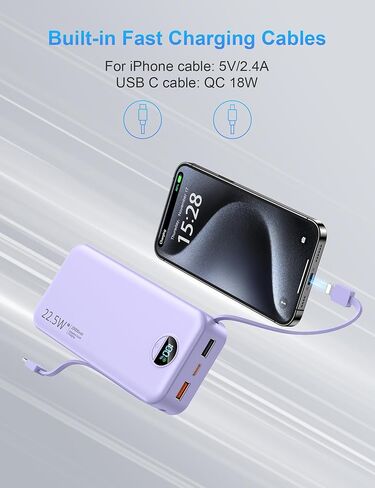 Portable Charger with Wall Plug, 12000mAh USB C Power Bank Fast Charging, External Battery Pack with Built in Cables, Digital Display, 5 Output 4 Input for iPhone Android Cell Phone Tablet in Kuwait