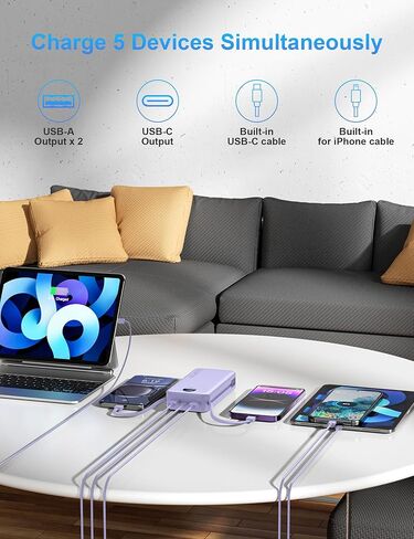 Portable Charger with Wall Plug, 12000mAh USB C Power Bank Fast Charging, External Battery Pack with Built in Cables, Digital Display, 5 Output 4 Input for iPhone Android Cell Phone Tablet in Kuwait