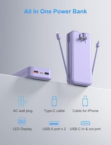 Portable Charger with Wall Plug, 12000mAh USB C Power Bank Fast Charging, External Battery Pack with Built in Cables, Digital Display, 5 Output 4 Input for iPhone Android Cell Phone Tablet in Kuwait