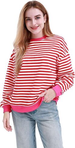 MAGICMK Womens Oversized Sweatshirt Long Sleeve Striped Crewneck Hoodies Shirts Trend Preppy Fall Women pullover tops in Saudi Arabia