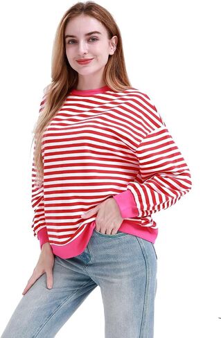 MAGICMK Womens Oversized Sweatshirt Long Sleeve Striped Crewneck Hoodies Shirts Trend Preppy Fall Women pullover tops in Saudi Arabia
