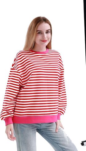 MAGICMK Womens Oversized Sweatshirt Long Sleeve Striped Crewneck Hoodies Shirts Trend Preppy Fall Women pullover tops in Saudi Arabia