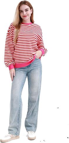 MAGICMK Womens Oversized Sweatshirt Long Sleeve Striped Crewneck Hoodies Shirts Trend Preppy Fall Women pullover tops in Saudi Arabia